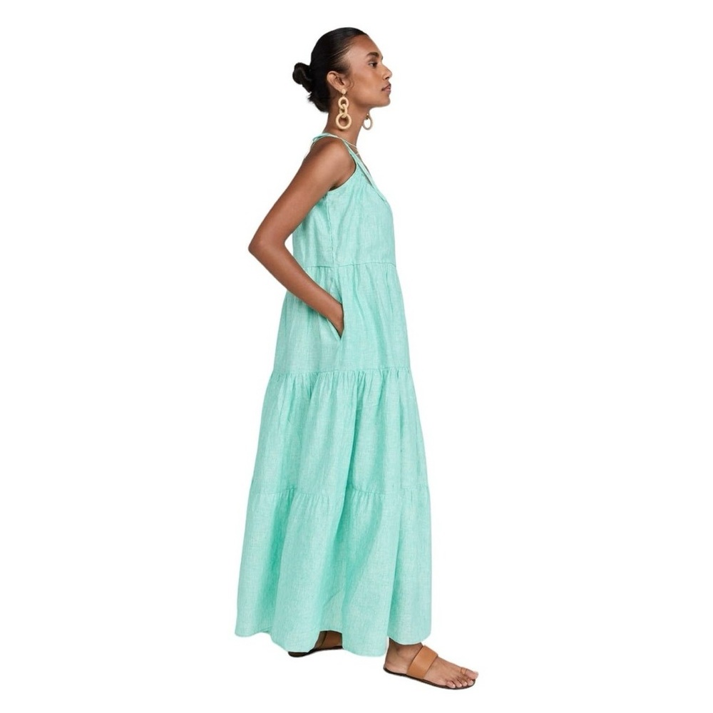 NEW Mille Resort Maui Green Stripes Striped Long Maxi Dress 100% Linen Sz Small